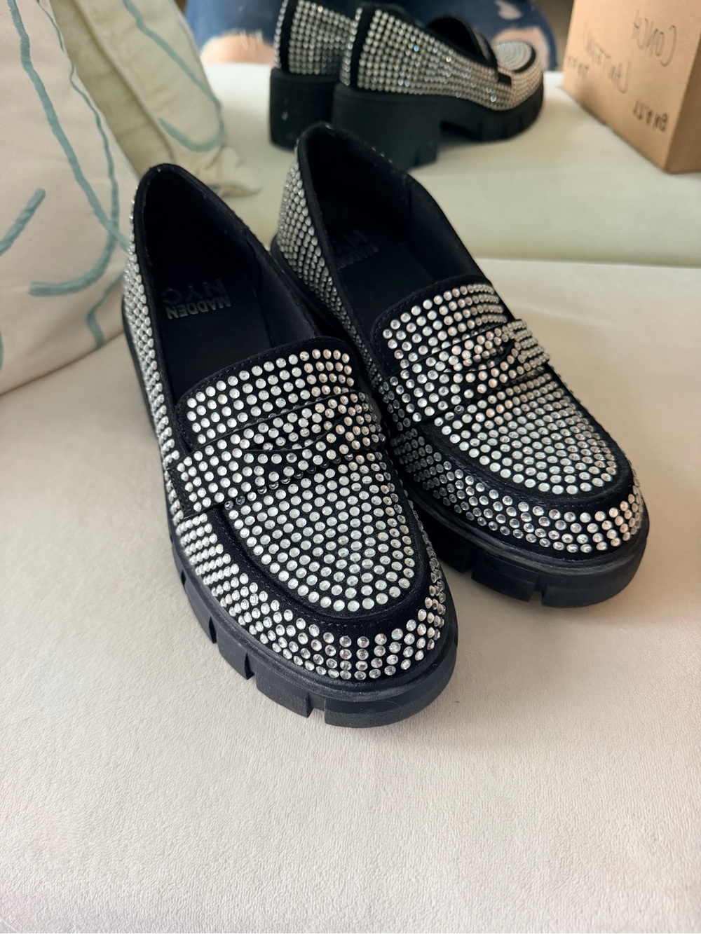 Steve Madden Black Rhinestone-Studded Chunky Loafers